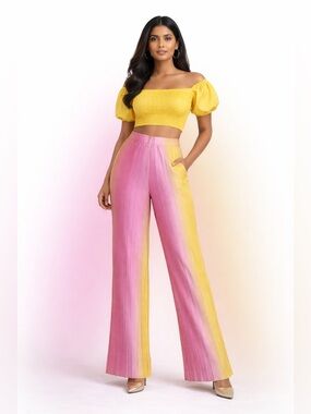 EUC Fashion Nova pink/yellow/orange ombré pleated pants w/scalloped edge hemline
